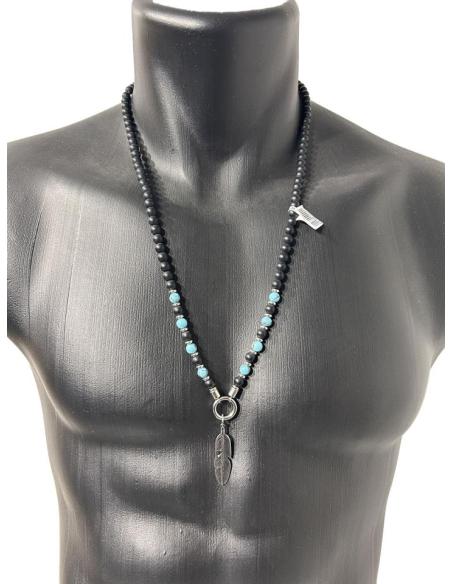 COLLARES HOMBRE NEGROS Y TURQUESAS CON PLUMA INDIA