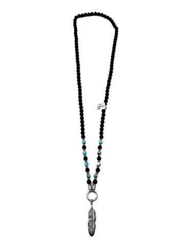 COLLARES HOMBRE NEGROS Y TURQUESAS CON PLUMA INDIA