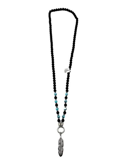 COLLARES HOMBRE NEGROS Y TURQUESAS CON PLUMA INDIA