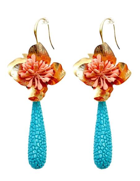 PENDIENTES LARGOS TURQUESAS LAGRIMA Y FLOR DORADA | EL JARDIN DEL DESEO