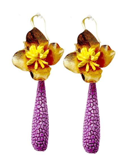 PENDIENTES LARGOS MORADOS DE LAGRIMA Y FLOR DORADA | EL JARDIN DEL DESEO