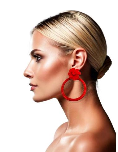 PENDIENTES ROJOS DE AROS GRANDES Y FLORES | EL JARDIN DEL DESEO