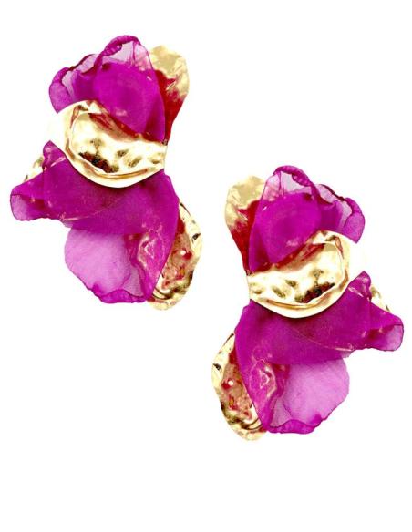 PENDIENTES BUGAMBILIAS Y DORADOS ABANICO TELA SEDOSA | EL JARDIN DEL DESEO