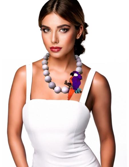 COLLARES CORTOS LILAS CON PAJARO MORADO Y ROJO | EL JARDIN DEL DESEO
