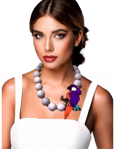 COLLARES CORTOS LILAS CON PAJARO MORADO Y ROJO | EL JARDIN DEL DESEO