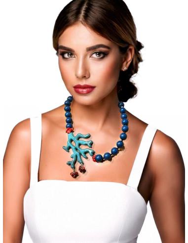 COLLARES MUJER AZULES PETROLEO CON RAMITA DE CORAL | EL JARDIN DEL DESEO