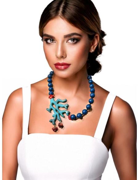 COLLARES MUJER AZULES PETROLEO CON RAMITA DE CORAL | EL JARDIN DEL DESEO