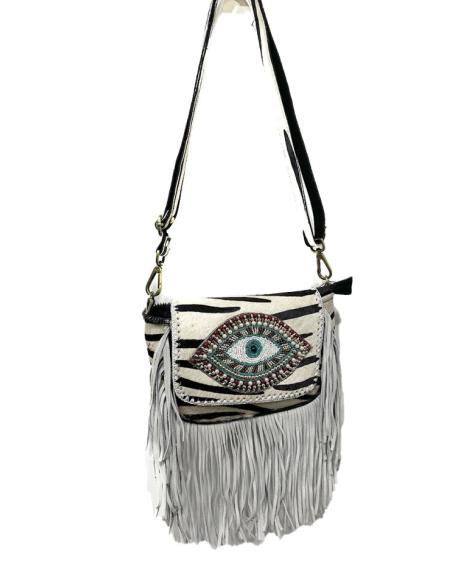 BOLSOS MUJER DE PIEL DIBUJO CEBRA FLECOS Y OJO | MODA BOHO CHIC