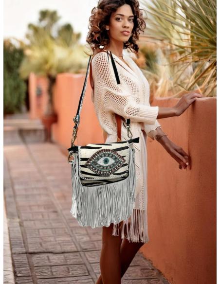 BOLSOS MUJER DE PIEL DIBUJO CEBRA FLECOS Y OJO | MODA BOHO CHIC