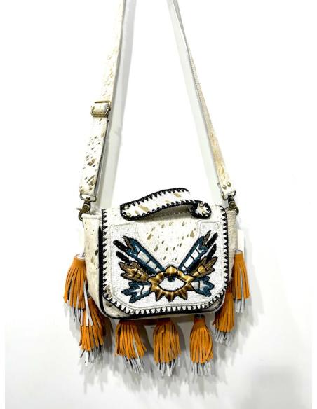 BOLSOS MUJER DE PIEL BLANCOS CON BORLAS NARANJAS | MODA BOHO CHIC