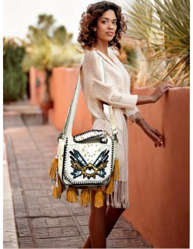 BOLSOS MUJER DE PIEL BLANCOS CON BORLAS NARANJAS | MODA BOHO CHIC