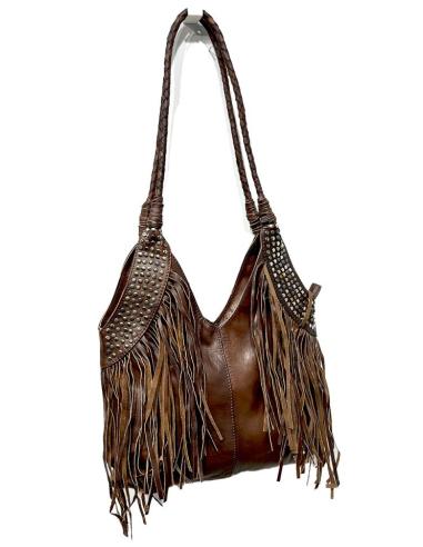 BOLSOS PIEL CUERO MARRON CON FLECOS Y TACHUELAS | BOLSOS ETNICOS