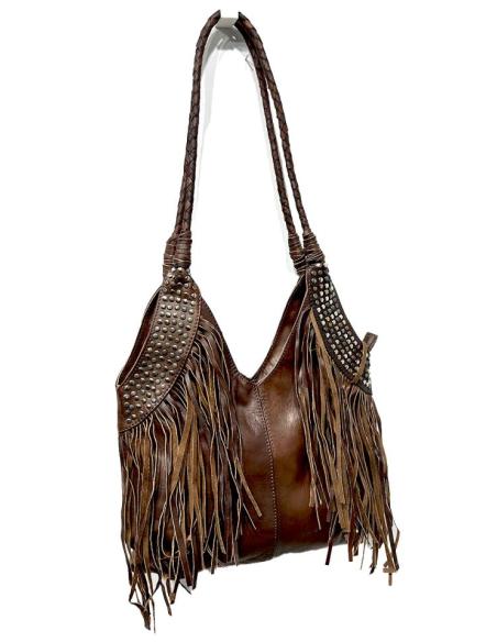 BOLSOS PIEL CUERO MARRON CON FLECOS Y TACHUELAS | BOLSOS ETNICOS