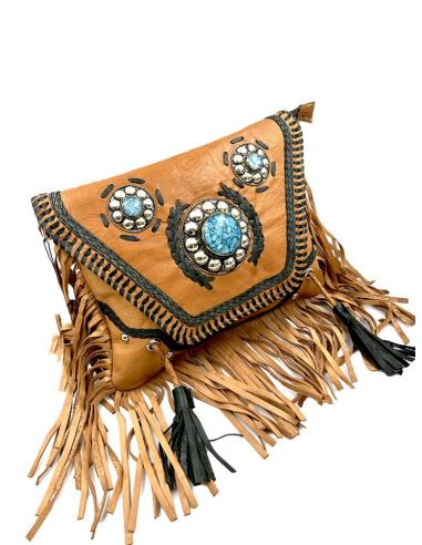 BOLSOS MARRONES TOFFEE DE PIEL CON FLECOS BOHOCHIC | BOLSOS ETNICOS
