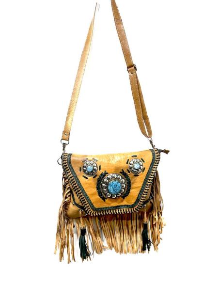BOLSOS MARRONES TOFFEE DE PIEL CON FLECOS BOHOCHIC | BOLSOS ETNICOS