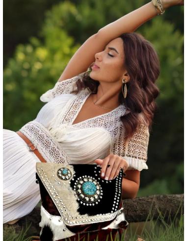 BOLSOS PIEL VACA MARRON BLANCO BEIGE Y NEGRO | BOLSOS ETNICOS