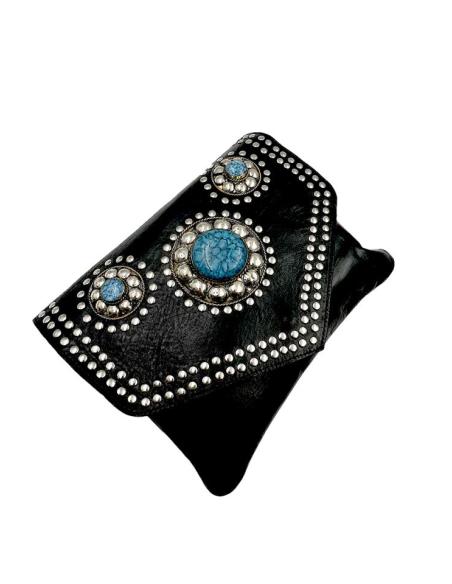 BOLSOS DE PIEL NEGROS CON TACHAS Y PIEDRAS AZULES | BOLSOS ETNICOS