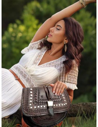 BOLSOS MARRONES PIEL CUERO CON CIERRE CUERNO ASTA | BOLSOS ETNICOS