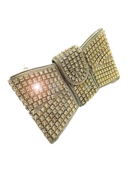 BOLSOS DORADOS FIESTA FORMA LAZO CON PEDRERIA | INVITADAS BODAS