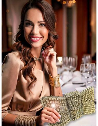 BOLSOS DORADOS FIESTA FORMA LAZO CON PEDRERIA | INVITADAS BODAS