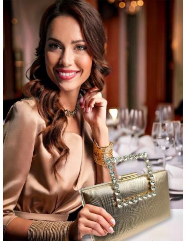 BOLSOS DE FIESTA ORO ROSA Y ASA JOYA CON PEDRERIA | MADRINAS BODA