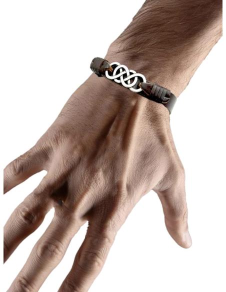 PULSERAS HOMBRE CUERO MARRON ENTRELAZADO ACERO | EL JARDIN DEL DESEO