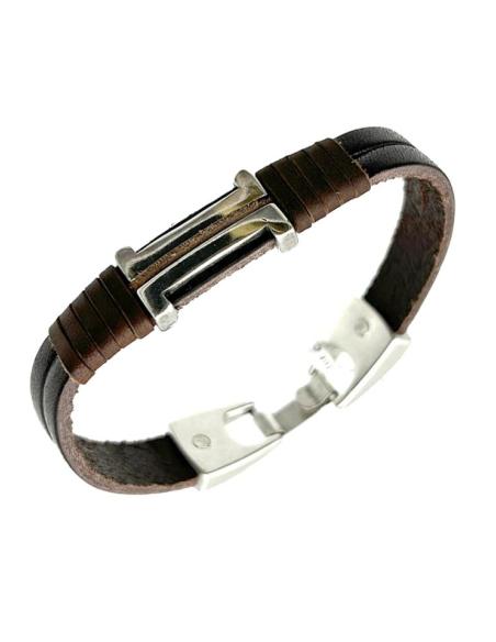 PULSERAS HOMBRE DE CUERO MARRON Y ACERO | EL JARDIN DEL DESEO