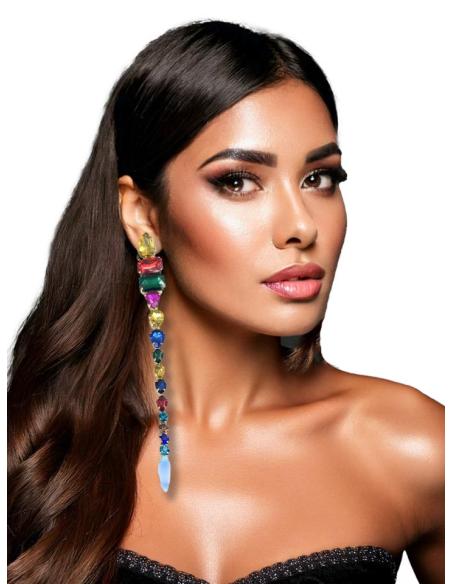 PENDIENTES FIESTA LARGOS XXL PEDRERIA MULTICOLOR | INVITADAS BODAS Y GALAS