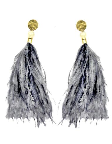 PENDIENTES GRISES DE PLUMAS LARGOS Y ESTILOSOS | EL JARDIN DEL DESEO