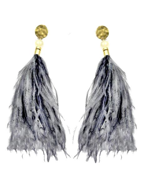 PENDIENTES GRISES DE PLUMAS LARGOS Y ESTILOSOS | EL JARDIN DEL DESEO