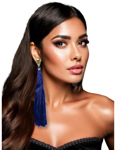 PENDIENTES MUJER LARGOS DE FLECOS AZULES MARINO | EL JARDIN DEL DESEO