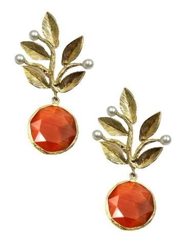 PENDIENTES BODA CON HOJAS DORADAS PERLAS Y PIEDRA COLOR | EL JARDIN DEL DESEO