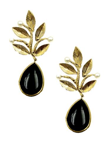 PENDIENTES BODA CON HOJAS DORADAS PERLAS Y PIEDRA COLOR | EL JARDIN DEL DESEO