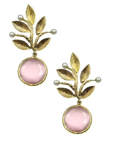 PENDIENTES BODA CON HOJAS DORADAS PERLAS Y PIEDRA COLOR | EL JARDIN DEL DESEO