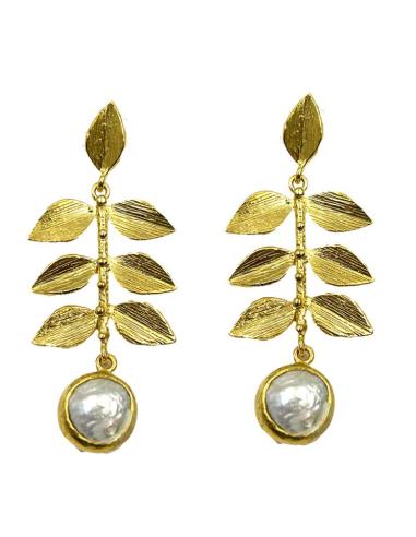 PENDIENTES DORADOS LARGOS CON PERLAS Y HOJAS | EL JARDIN DEL DESEO