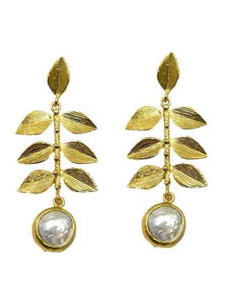PENDIENTES DORADOS LARGOS CON PERLAS Y HOJAS | EL JARDIN DEL DESEO