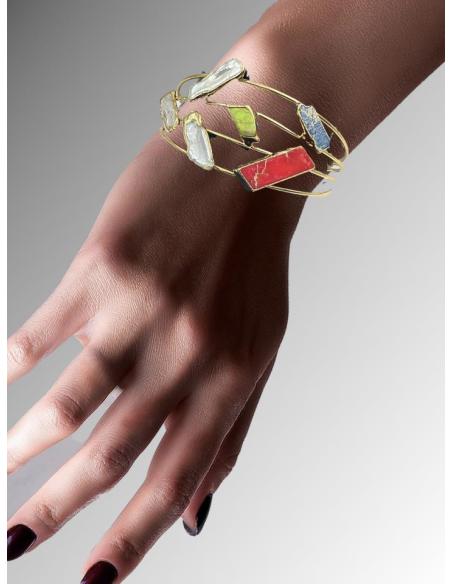 PULSERAS DORADAS CON PEDRERIA ROJA VERDE Y PERLA | EL JARDIN DEL DESEO