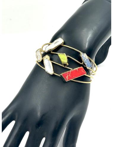 PULSERAS DORADAS CON PEDRERIA ROJA VERDE Y PERLA | EL JARDIN DEL DESEO
