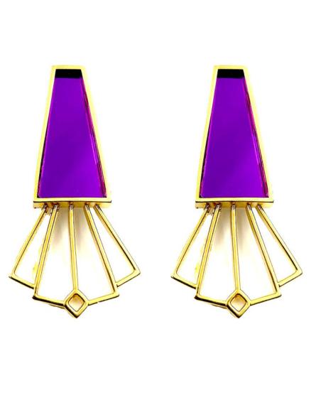 PENDIENTES LARGOS MORADOS DISEÑO VANGUARDISTA CON BAÑO ORO