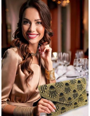 BOLSOS MUJER DORADOS CARTERAS DECORADAS EN NEGRO | ACCESORIOS BODA