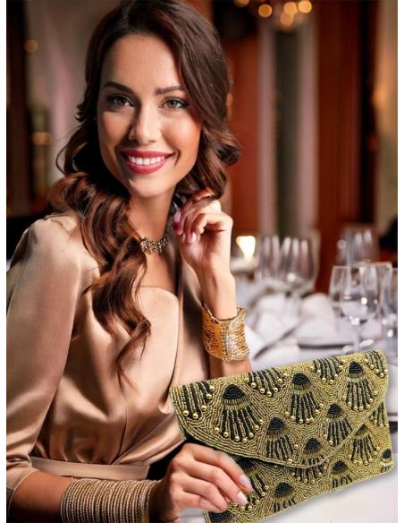 BOLSOS MUJER DORADOS CARTERAS DECORADAS EN NEGRO | ACCESORIOS BODA