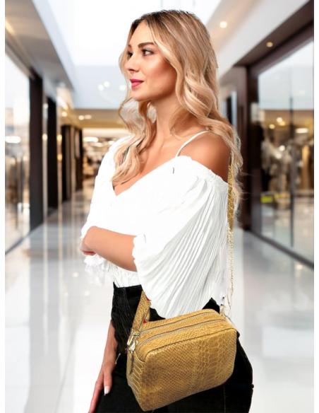 BOLSOS MUJER EN PIEL COLO CAMEL DIBUJO SERPIENTE | BOLSOS MADRID