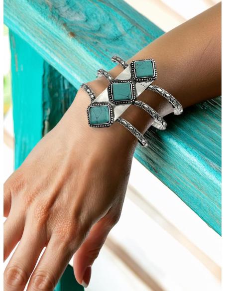 PULSERAS ANCHAS PLATEADAS Y TURQUESAS BRAZALETE | ACCESORIOS MUJER