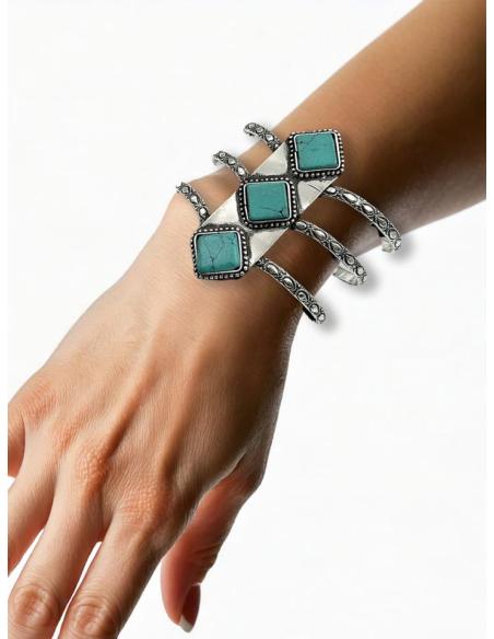 PULSERAS ANCHAS PLATEADAS Y TURQUESAS BRAZALETE | ACCESORIOS MUJER