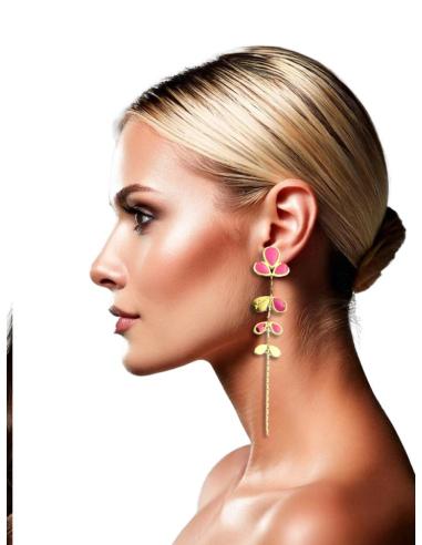 PENDIENTES MUJER LARGOS DORADOS Y FUCSIAS | JOYAS EN ACERO