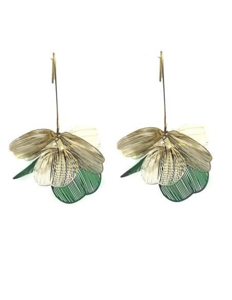 PENDIENTES DORADOS Y VERDES LARGOS CON FLORES | JOYITAS PARA MUJER