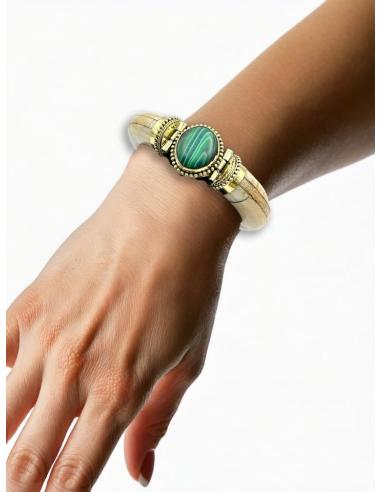 PULSERAS HUESO BEIGE ROTO Y PIEDRA VERDE MALAQUITA | ACCESORIOS BOHO