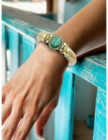 PULSERAS HUESO BEIGE ROTO Y PIEDRA VERDE MALAQUITA | ACCESORIOS BOHO