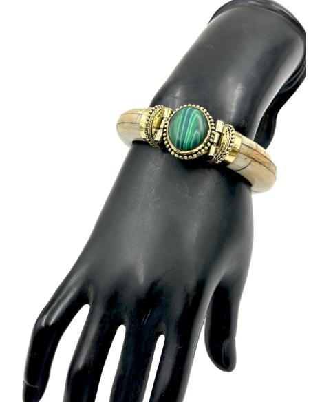 PULSERAS HUESO BEIGE ROTO Y PIEDRA VERDE MALAQUITA | ACCESORIOS BOHO