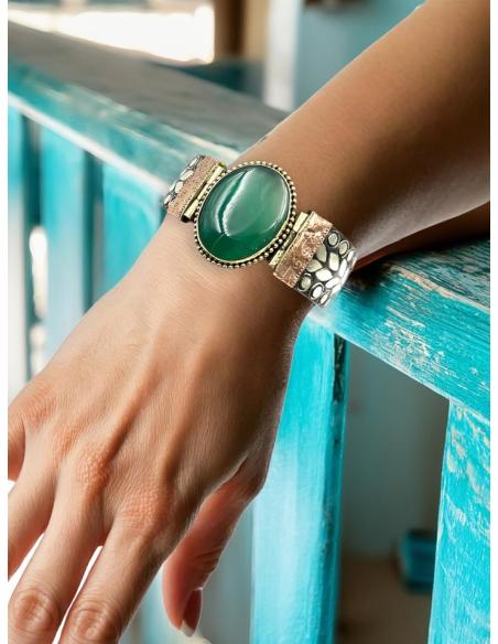 PULSERAS PLATEADAS ANCHAS BRAZALETES PIEDRA VERDE | ACCESORIOS MUJER